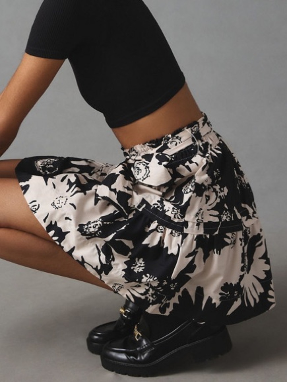 Anthropologie Somerset Black White Floral Belted Mini Skirt Size M - Picture 6 of 9